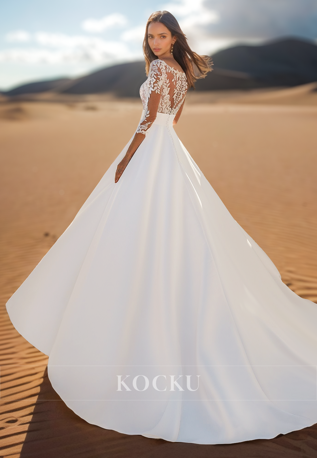 A Line V Neck Lace Appliqued 3/4 Sleeves Cheap Wedding Dress