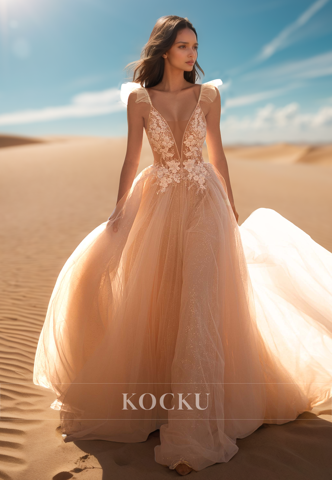 A Line Illusion V Neck Lace Appliques Beads Dream Wedding Dress