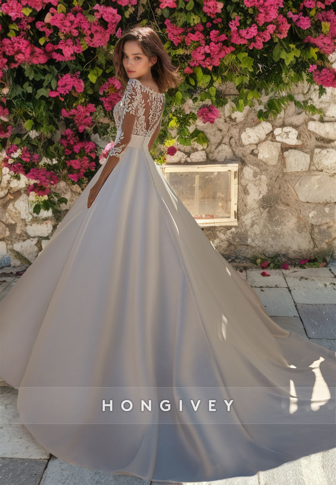 H0912 - Illusion Floral Lace Embroidered Long Sleeves With Train Wedding Dress