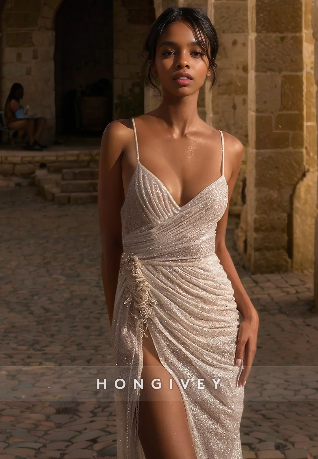 H0946 - Sparkly Illusion With Train And High Slit Long Wedding Dress