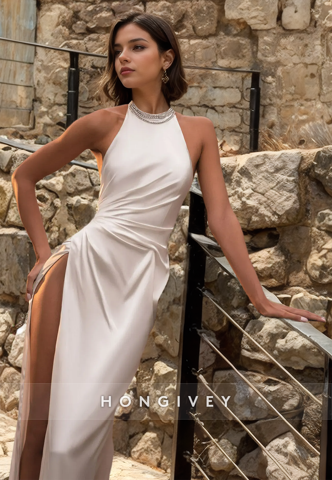 H0952 - Crystal Beaded Lace-Up Back High Scoop Neck With Train And Slit Long Wedding Dress