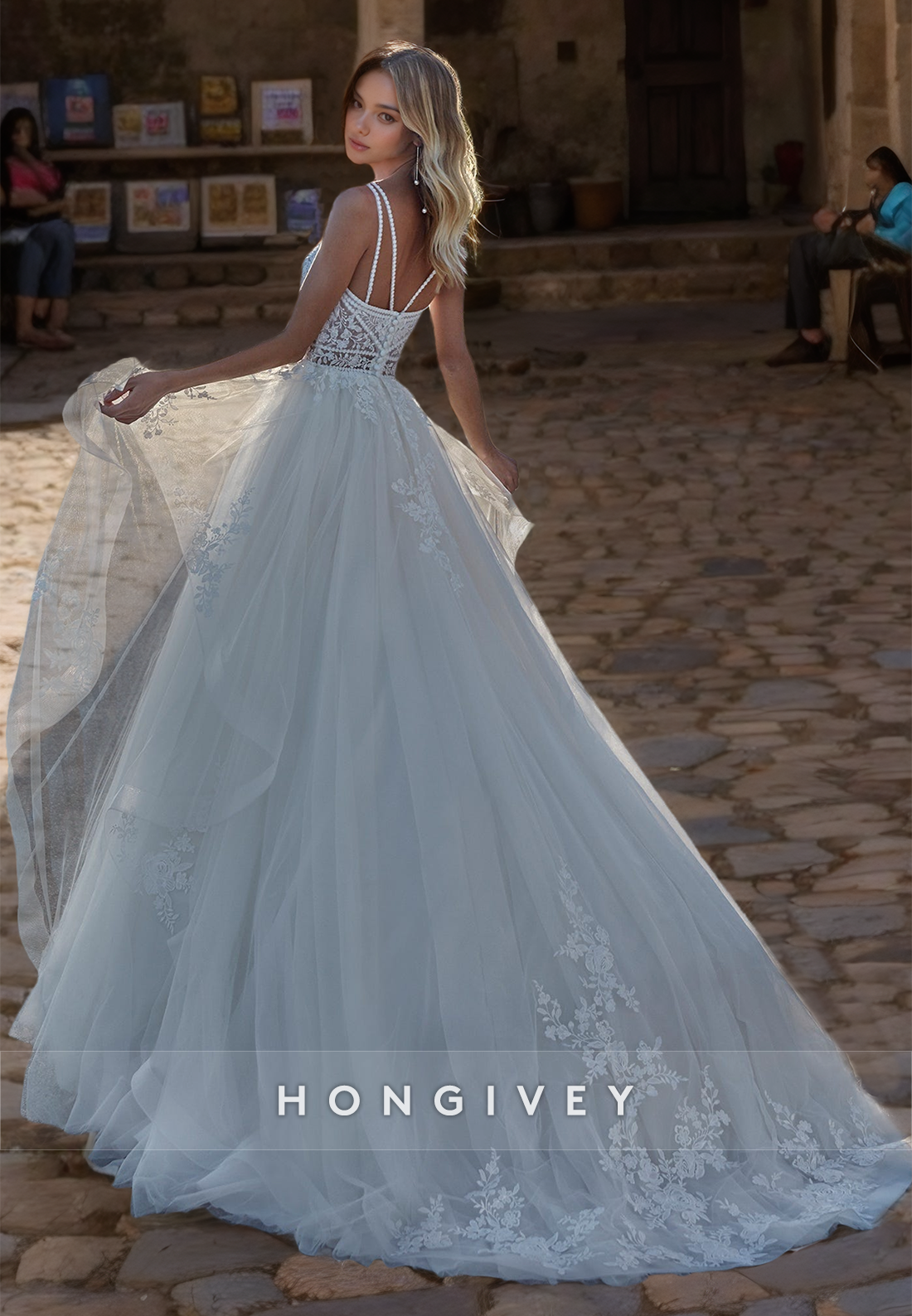 H0913 - Sheer Floral Lace Embroidered Plunging Illusion With Train Long Wedding Dress
