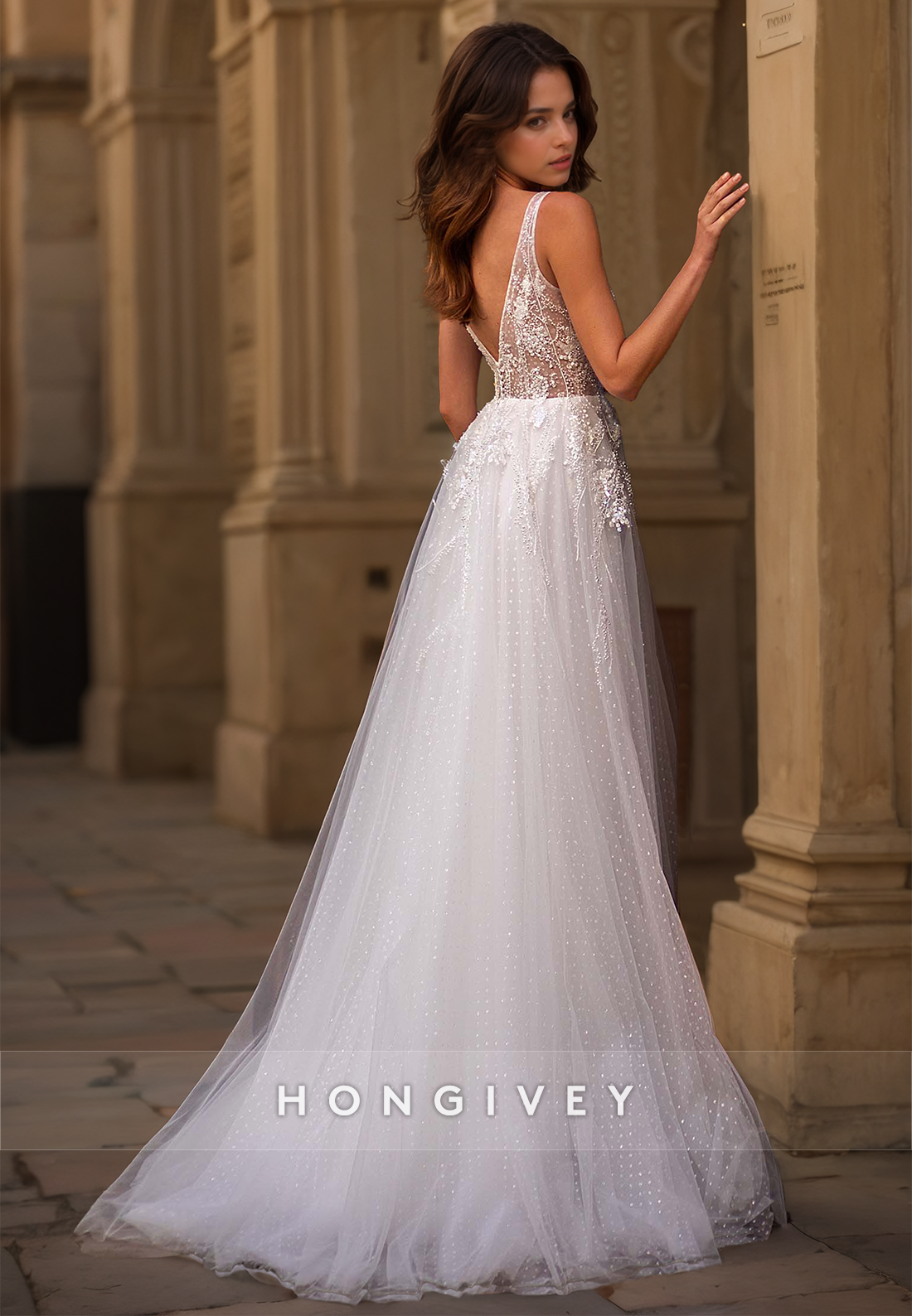 H0966 - Ornate Illusion Fully Beaded Lace Applique Tiered V-Neck With Train Long Wedding Dress