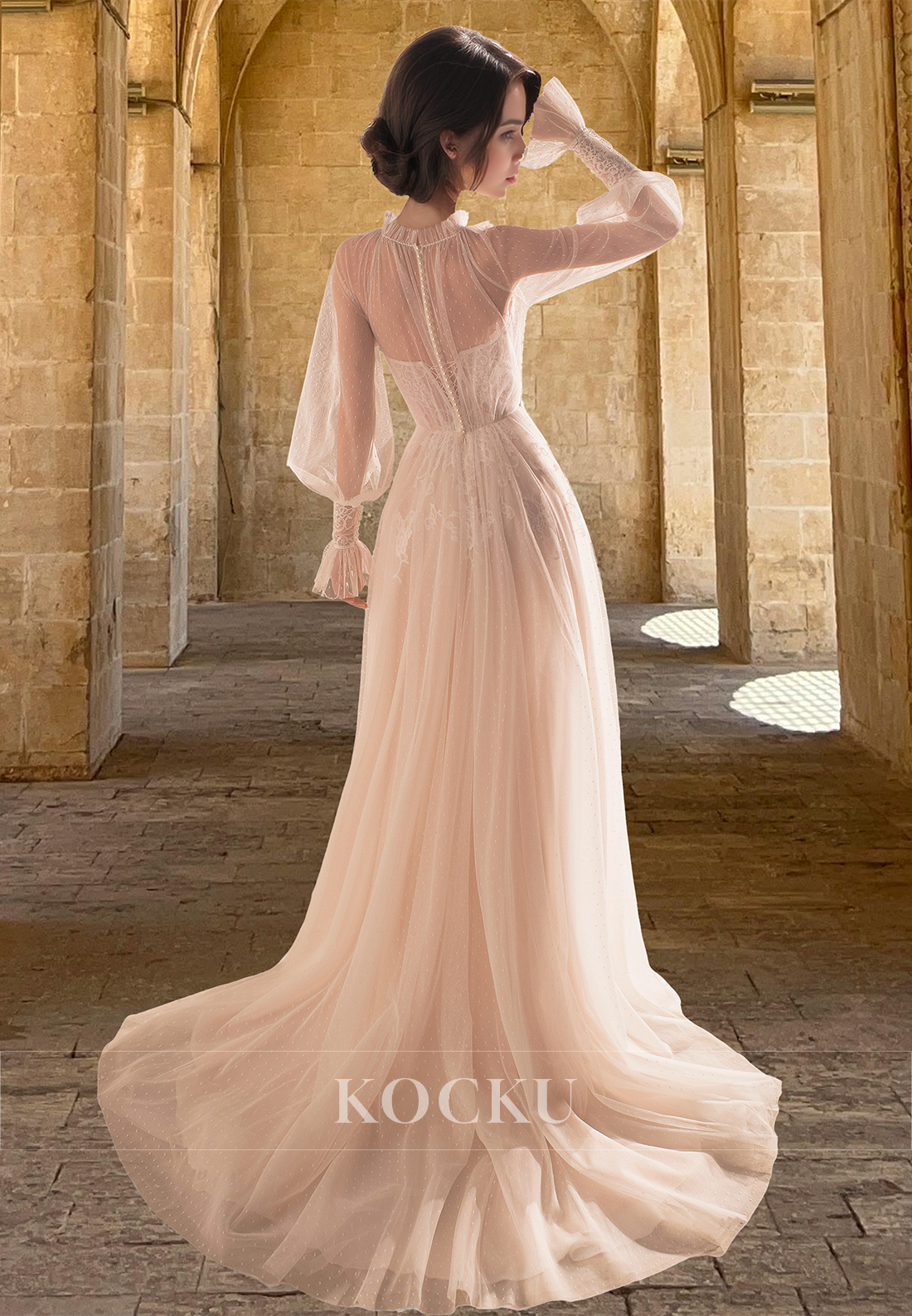 Elegant A-Line Long Sleeves Beaded Lace Appliques Beach Wedding Dress Boho Gown with Train