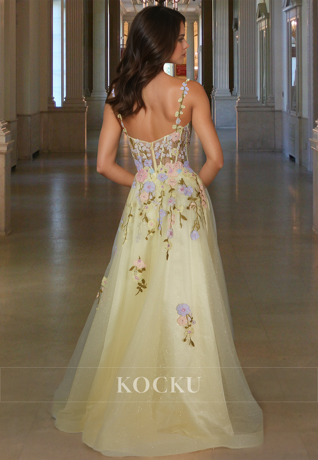 A-Line Straps High Slit Beaded Glitter Lace Pleats Evening Party Dress with Flower Appliques