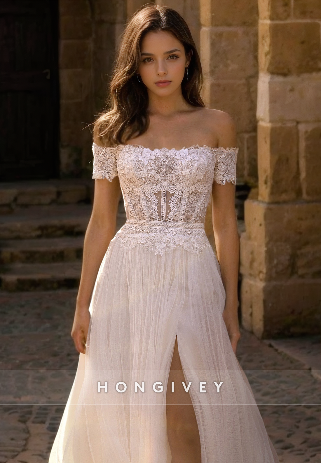 Illusion Floral Lace Embroidered With Train And Slit Long Wedding Dress