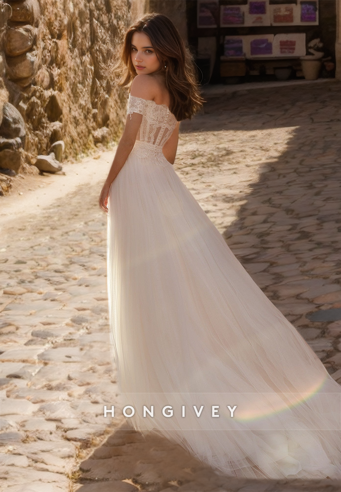 Illusion Floral Lace Embroidered With Train And Slit Long Wedding Dress