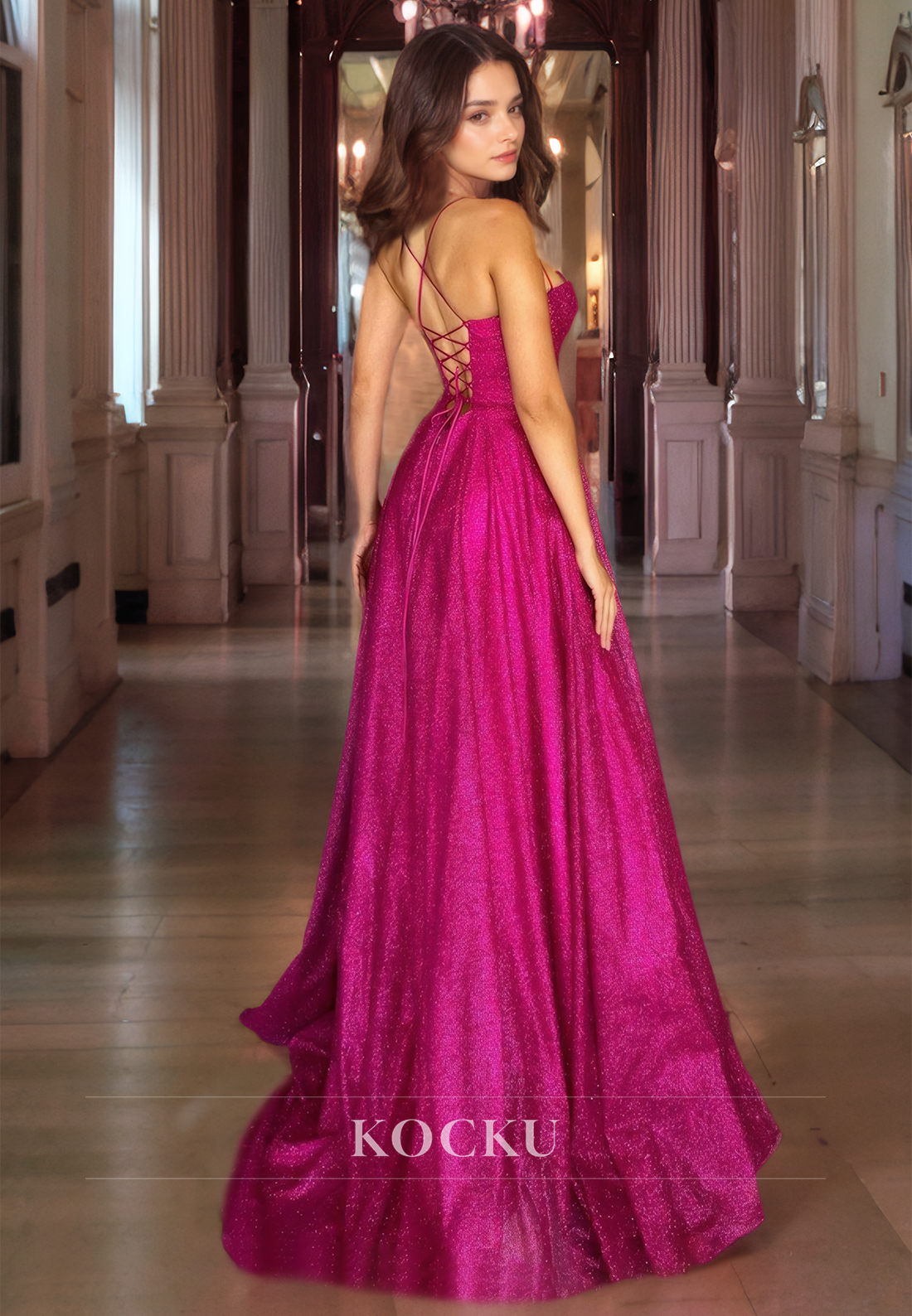 A-Line Spaghetti Straps Sparkly Prom Dress Sleeveless High Split Evening Gown