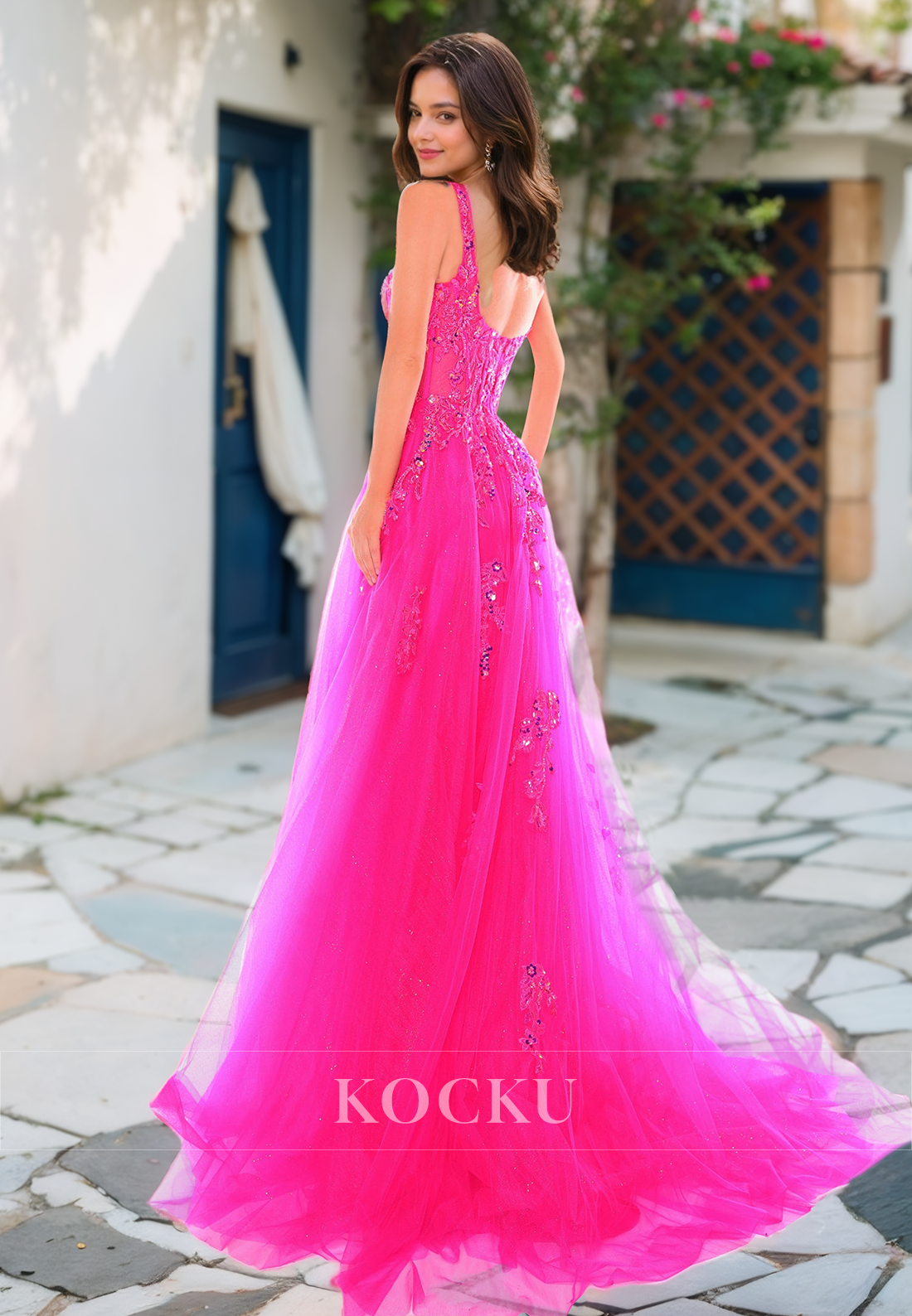Charming Square A-Line High Slit Pleats Lace Prom Formal Evening Dress with Appliques