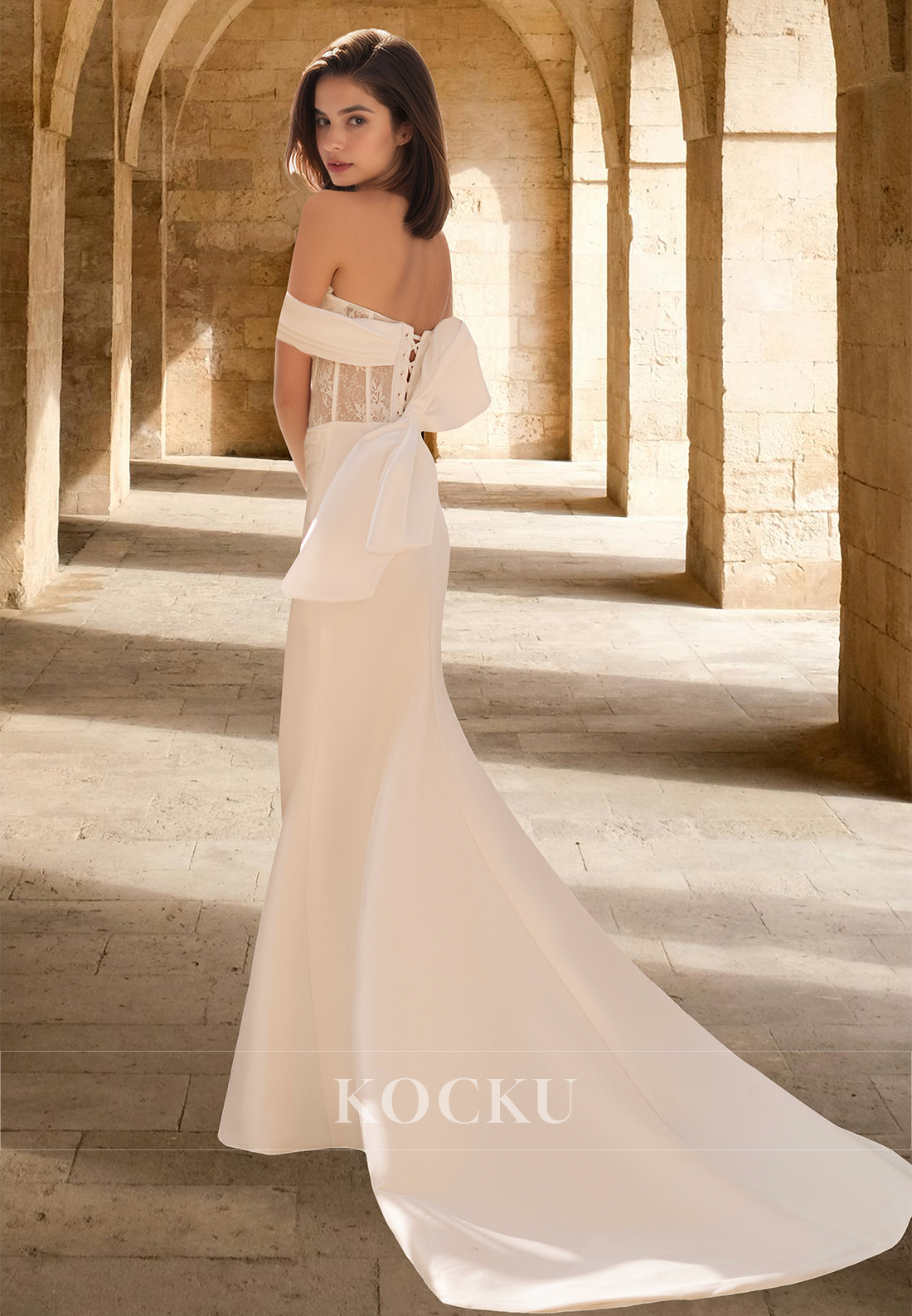 Sexy Sweetheart Sheath Wedding Dress Sleeveless Side Slit Bows Satin Bridal Gown with Appliques