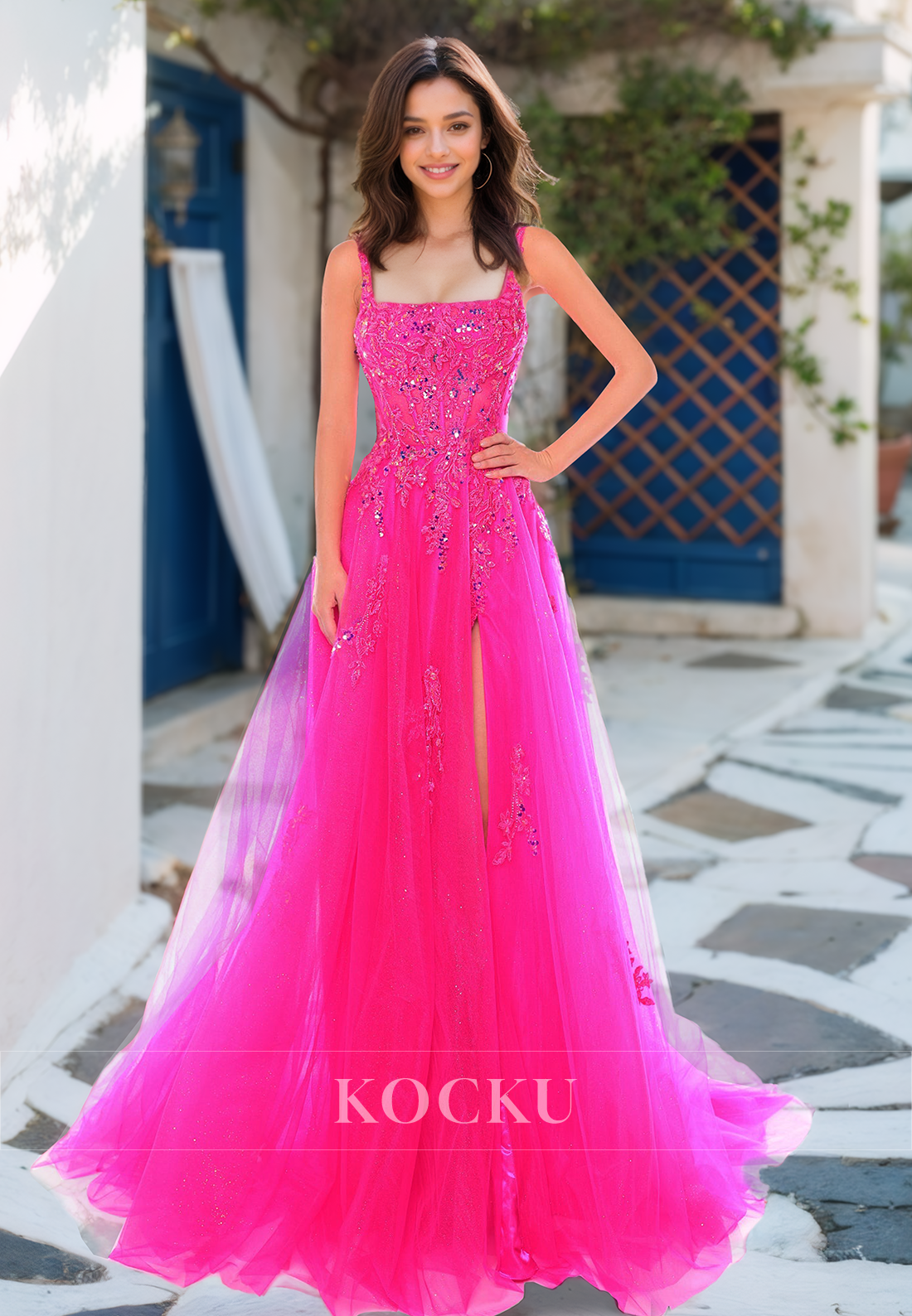 Charming Square A-Line High Slit Pleats Lace Prom Formal Evening Dress with Appliques