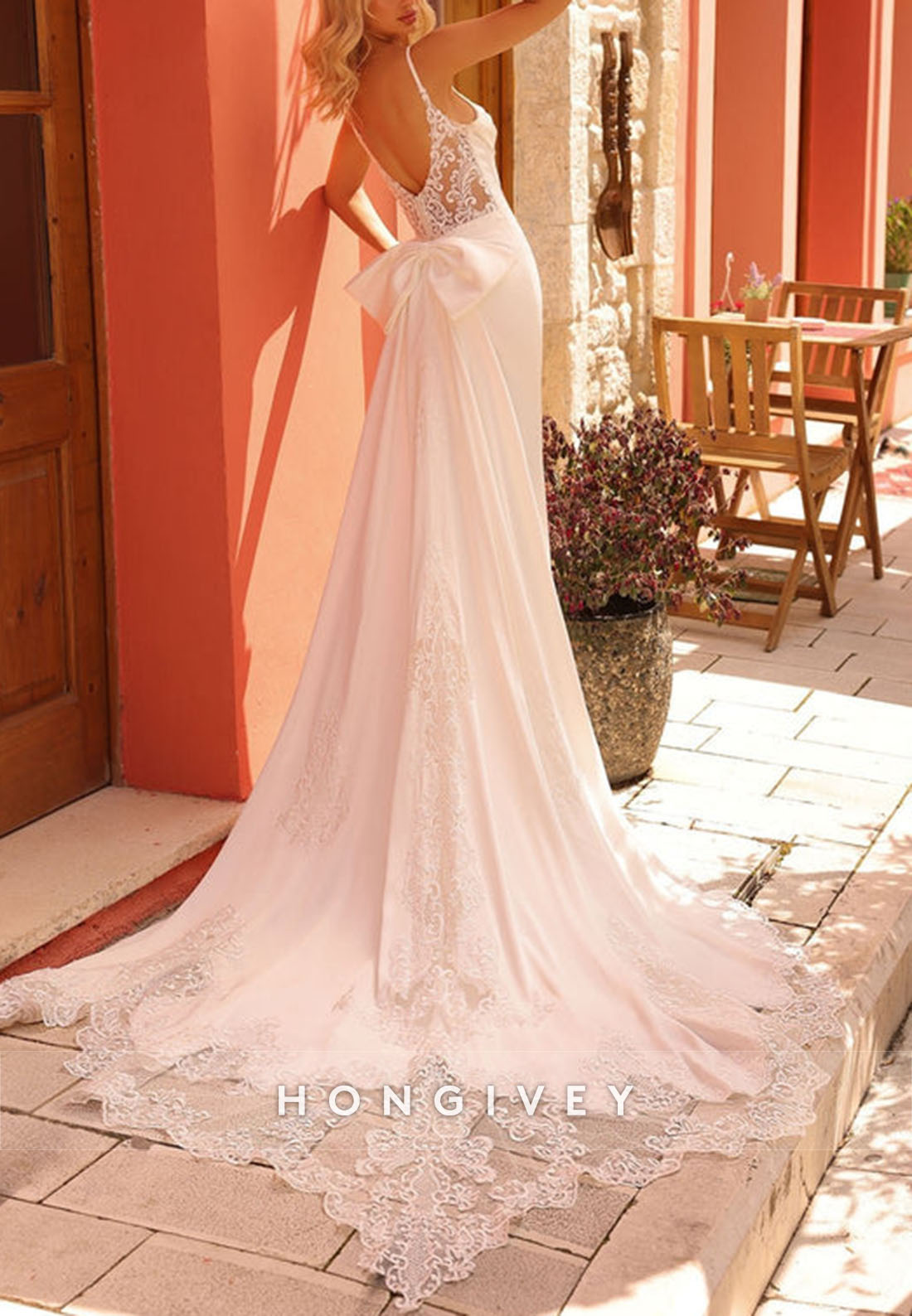 Pleated Bowknot Satin Regular Straps Lace Mermaid Beach Wedding Dresses