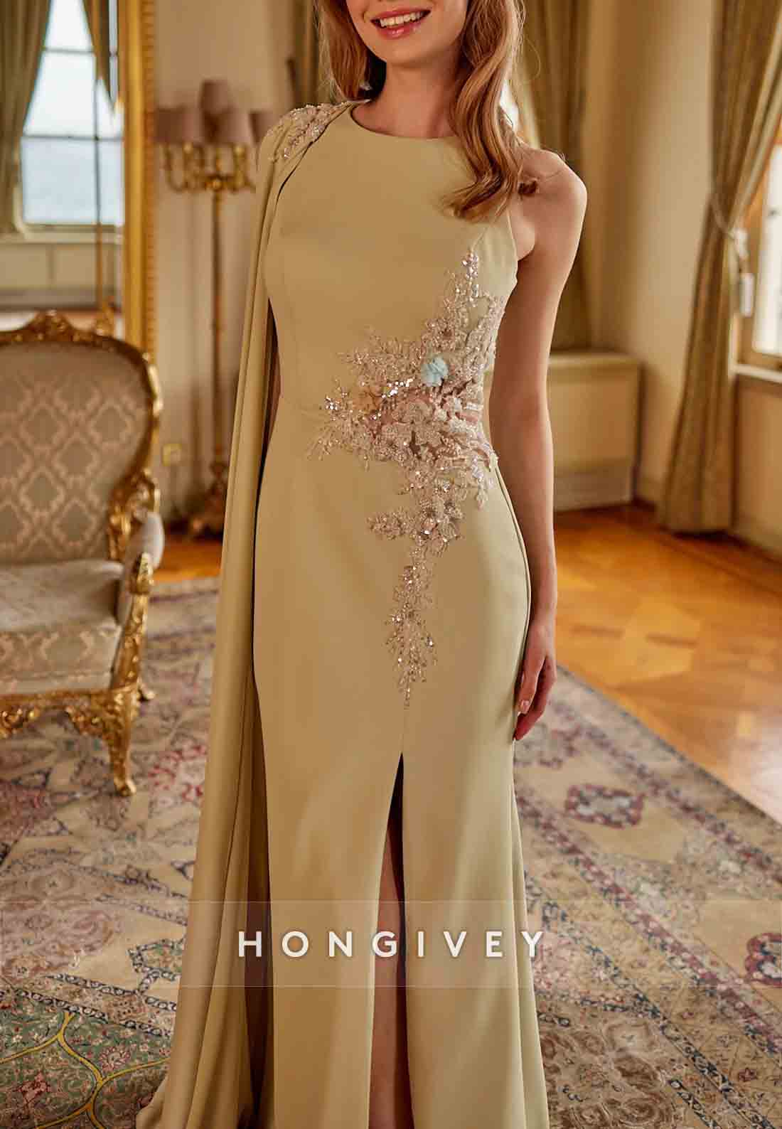 Appliques Flowes Sleeveless Scoop High Slit Side Draping Evening Gowns