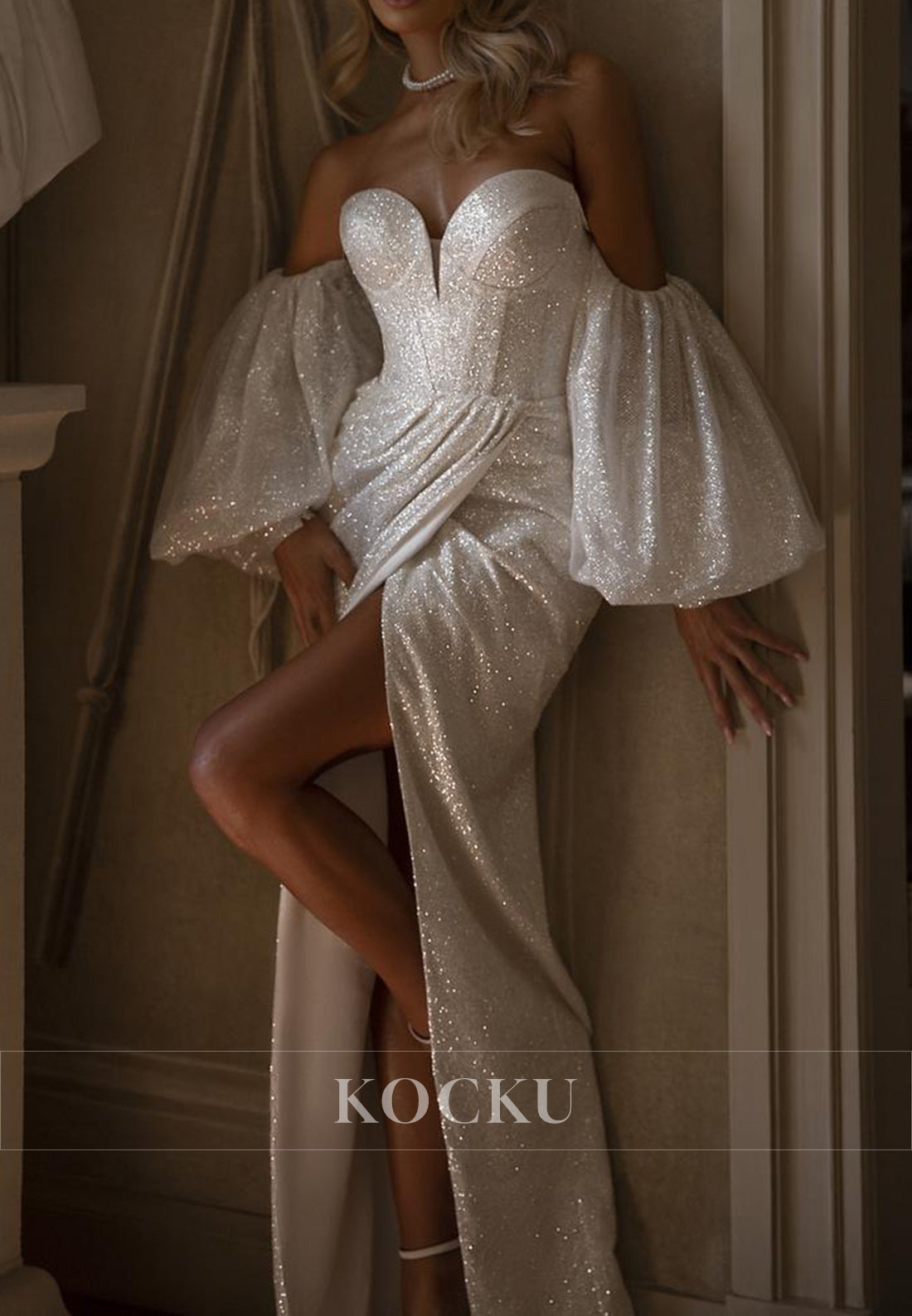 Glamorous Strapless Wrap Glitter Knit Wedding Dress with Detachable Puff Sleeves