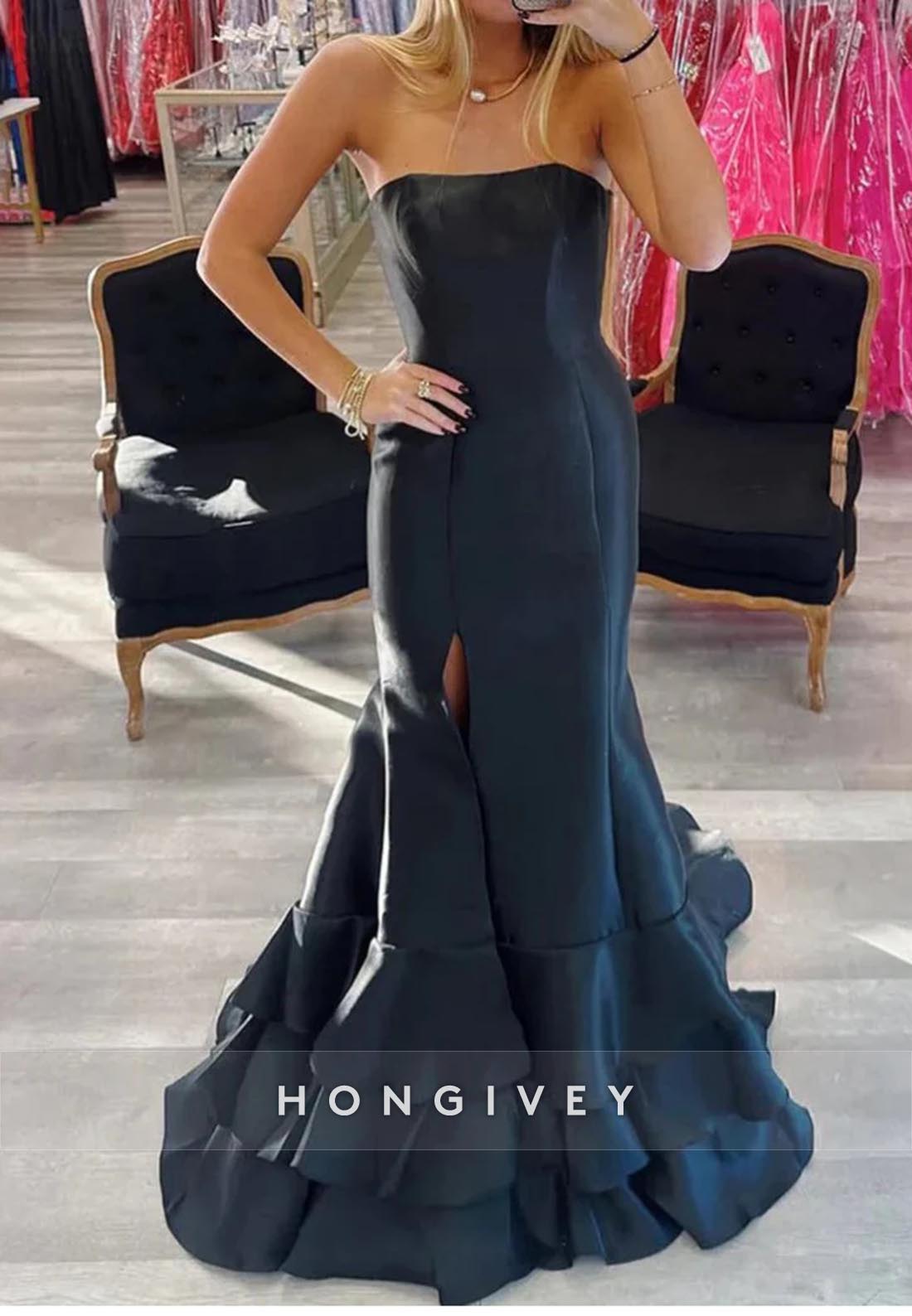 Tube Top Slit Tiered Mermaid Long Prom Dresses with Brush Train