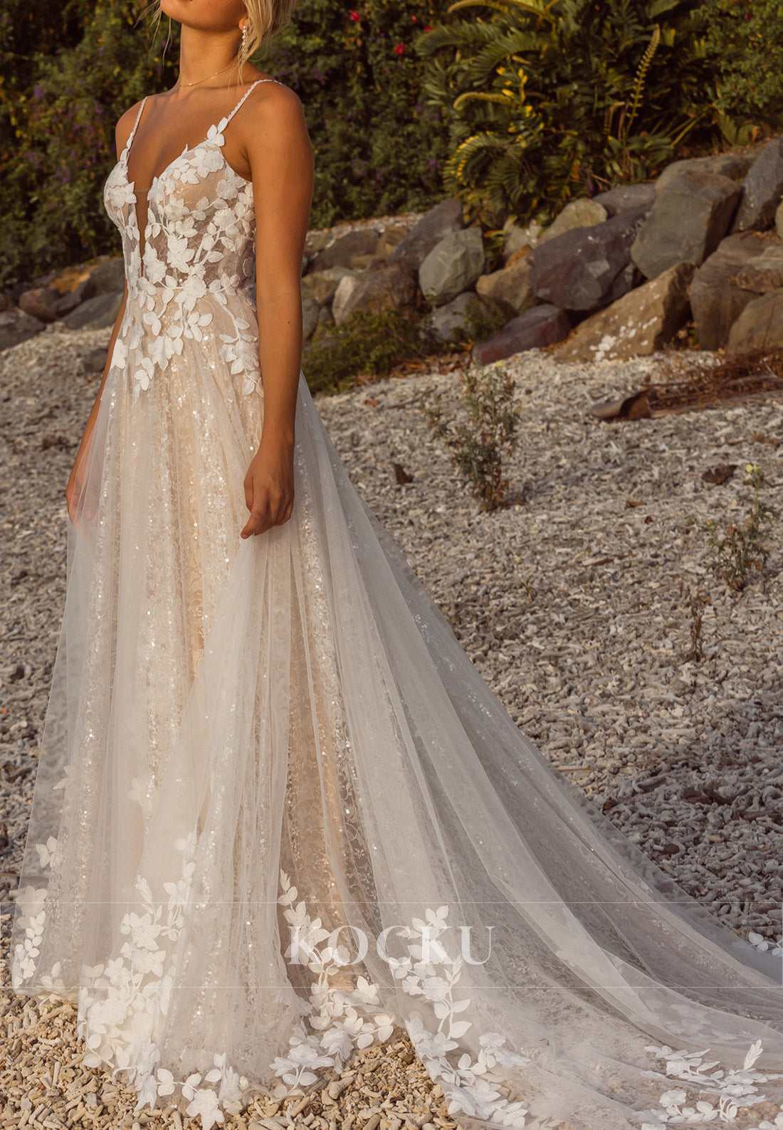 Spaghetti Strap Deep V-Neck Backless Tulle Wedding Dress with Floral Appliqués & Train