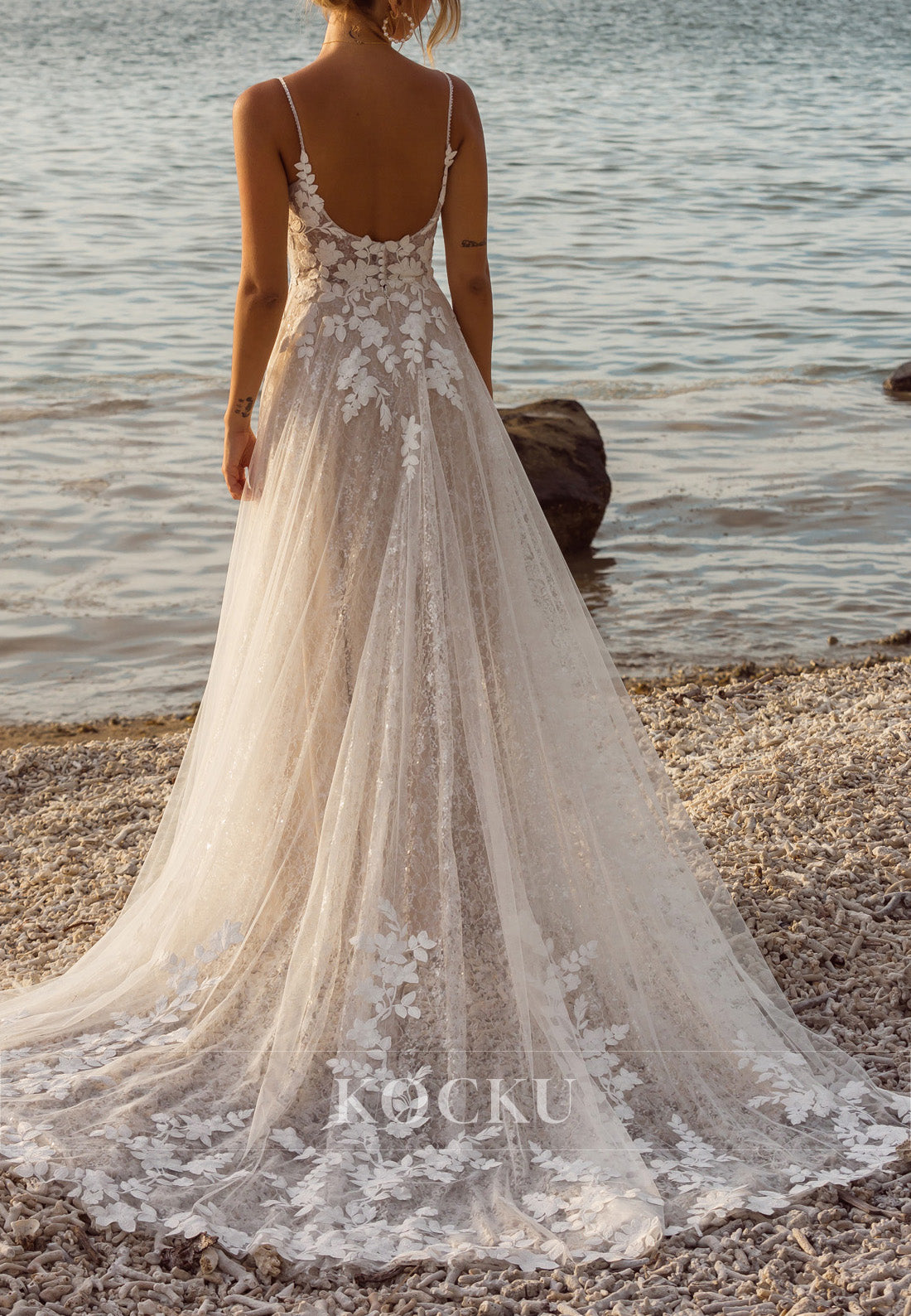 Spaghetti Strap Deep V-Neck Backless Tulle Wedding Dress with Floral Appliqués & Train