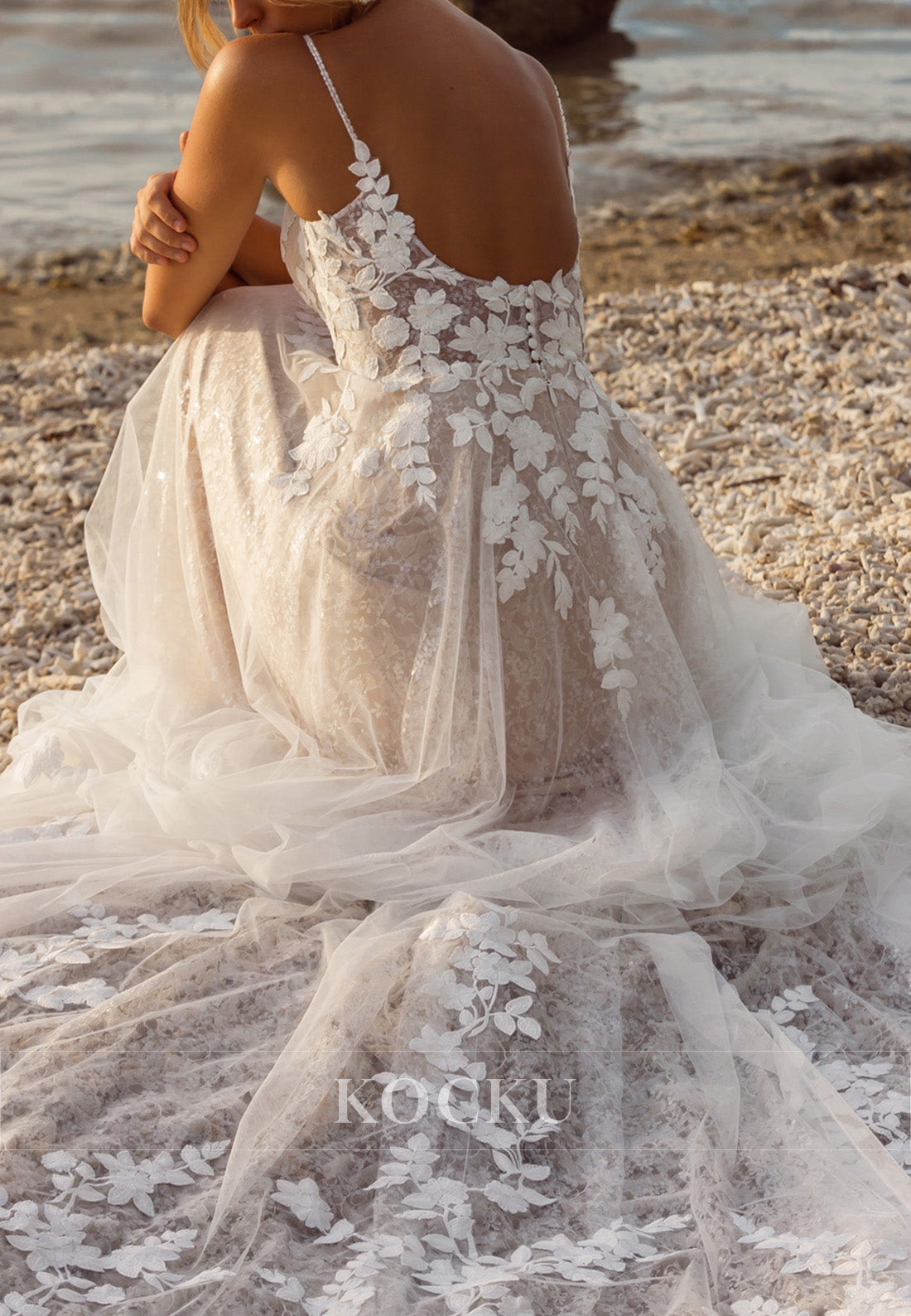 Spaghetti Strap Deep V-Neck Backless Tulle Wedding Dress with Floral Appliqués & Train