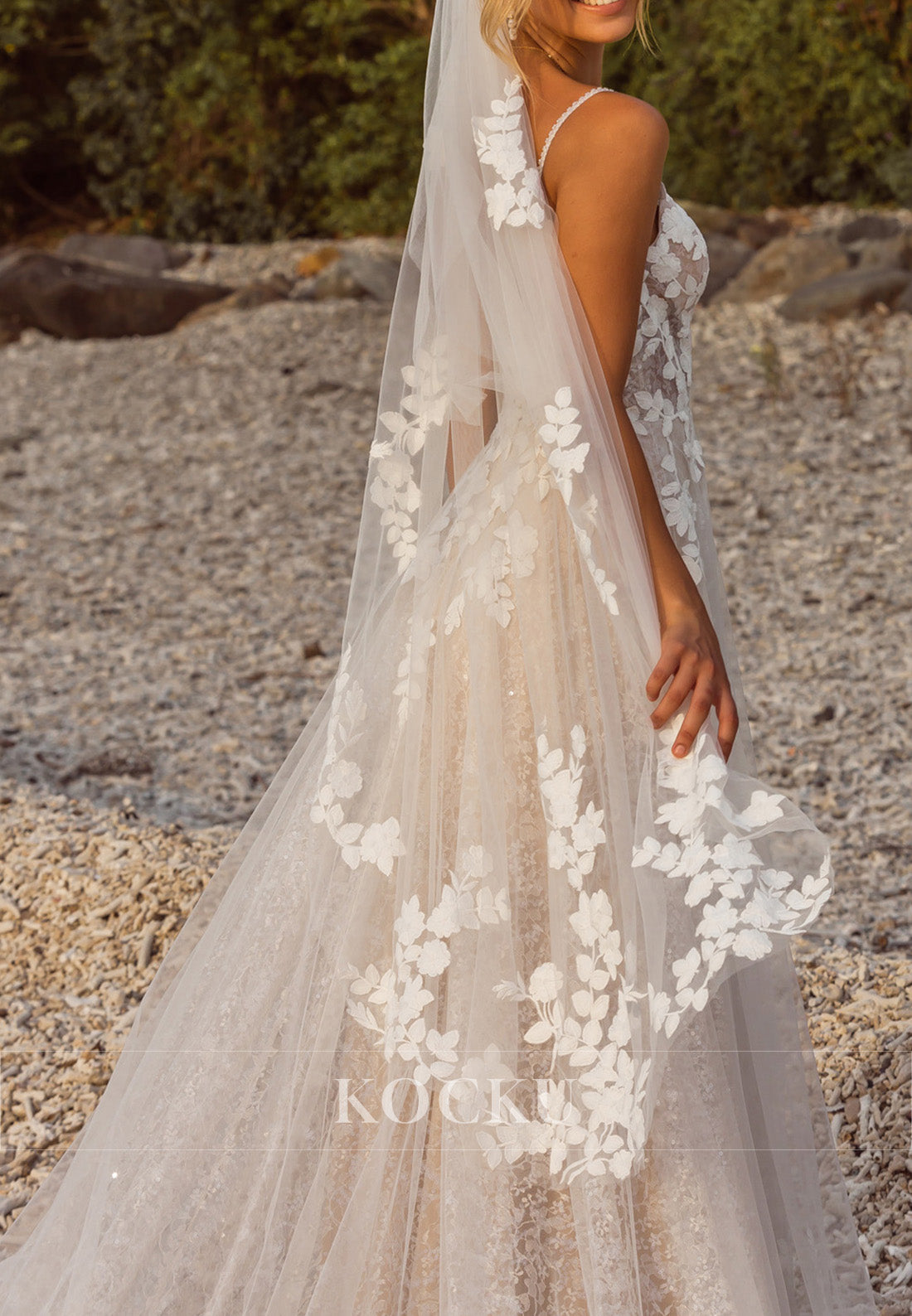 Spaghetti Strap Deep V-Neck Backless Tulle Wedding Dress with Floral Appliqués & Train