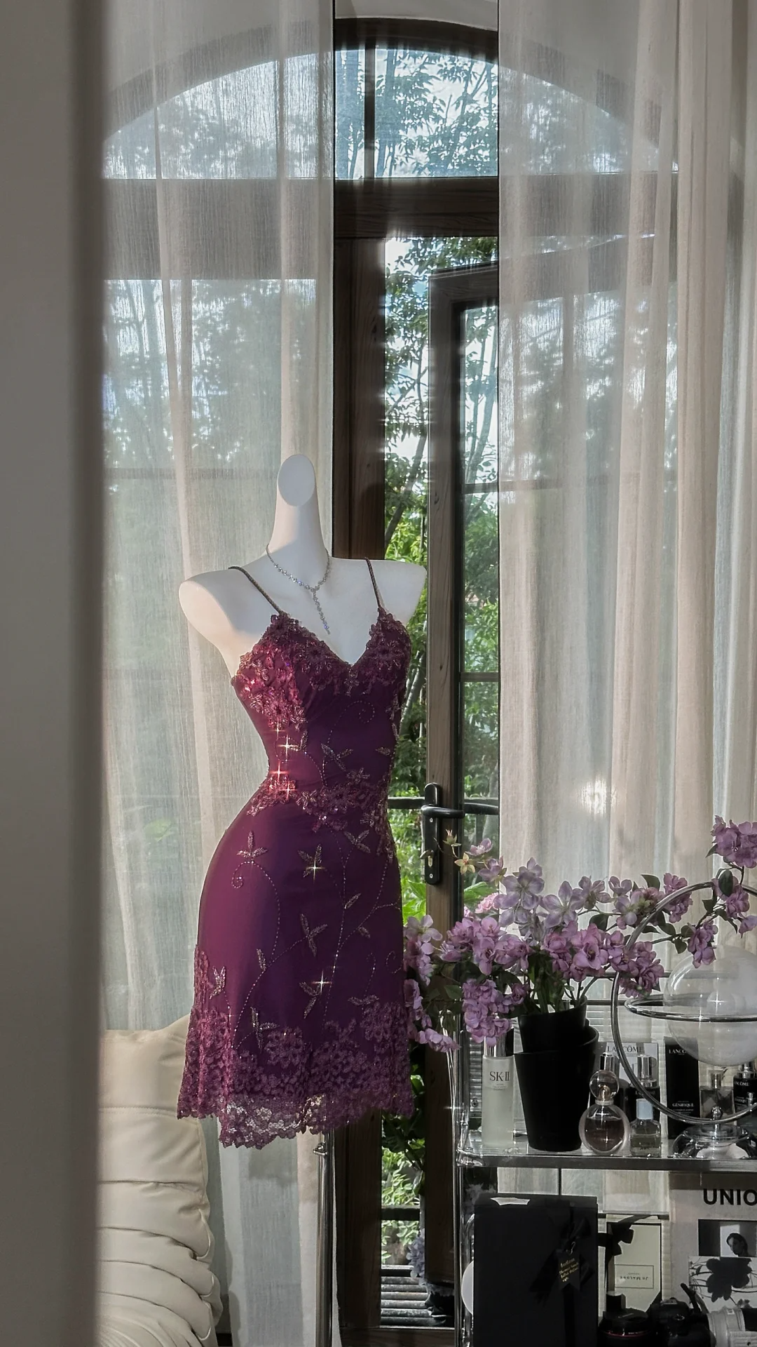 Vintage Spaghetti Straps Purple Lace Appliques Beaded Sheath 8th Grade Homecoming Dress Short Birthday Outfits S724