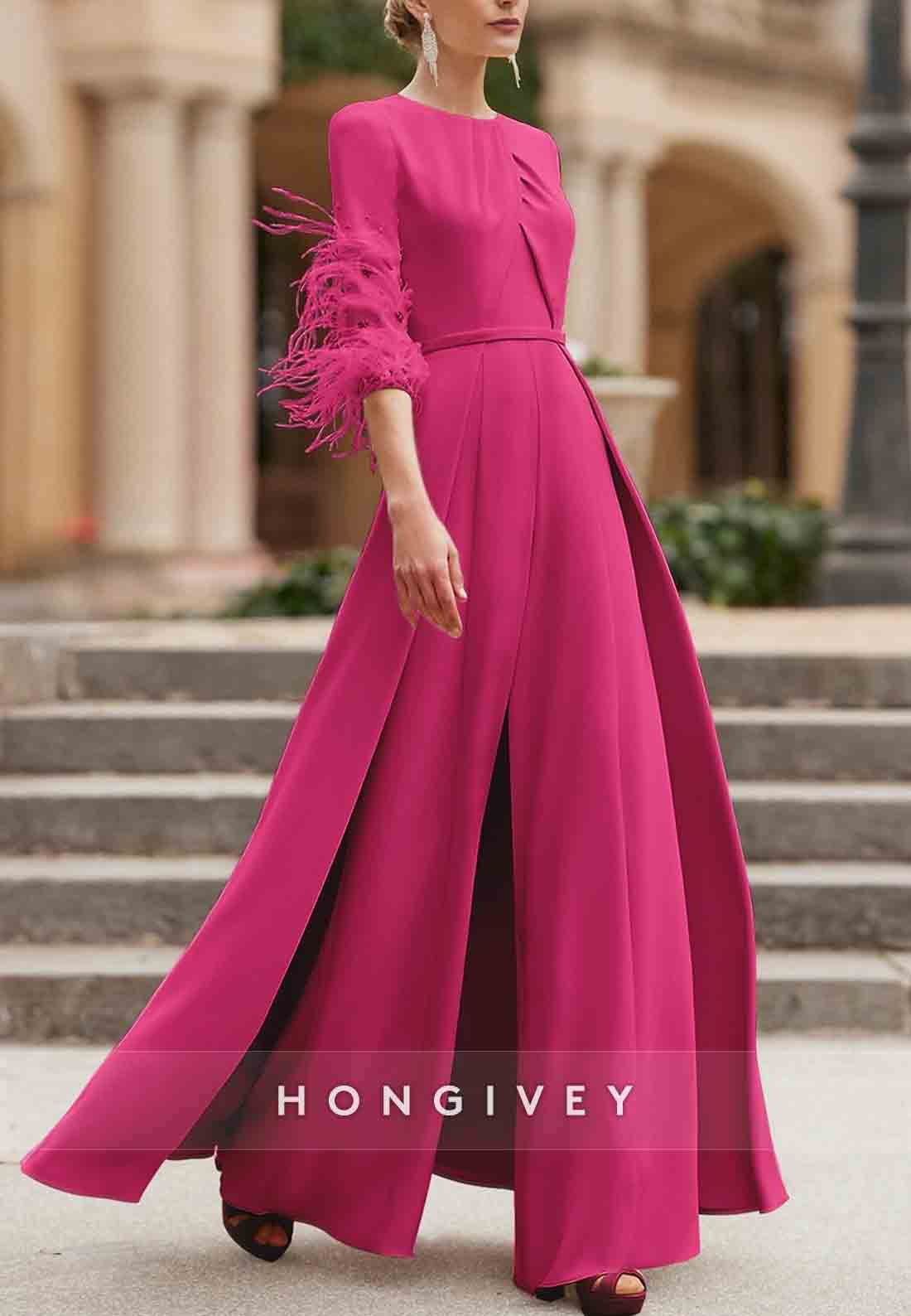 Feather A-line Floor-Length Pleated 3/4 Sleeve Mother of the Bride
