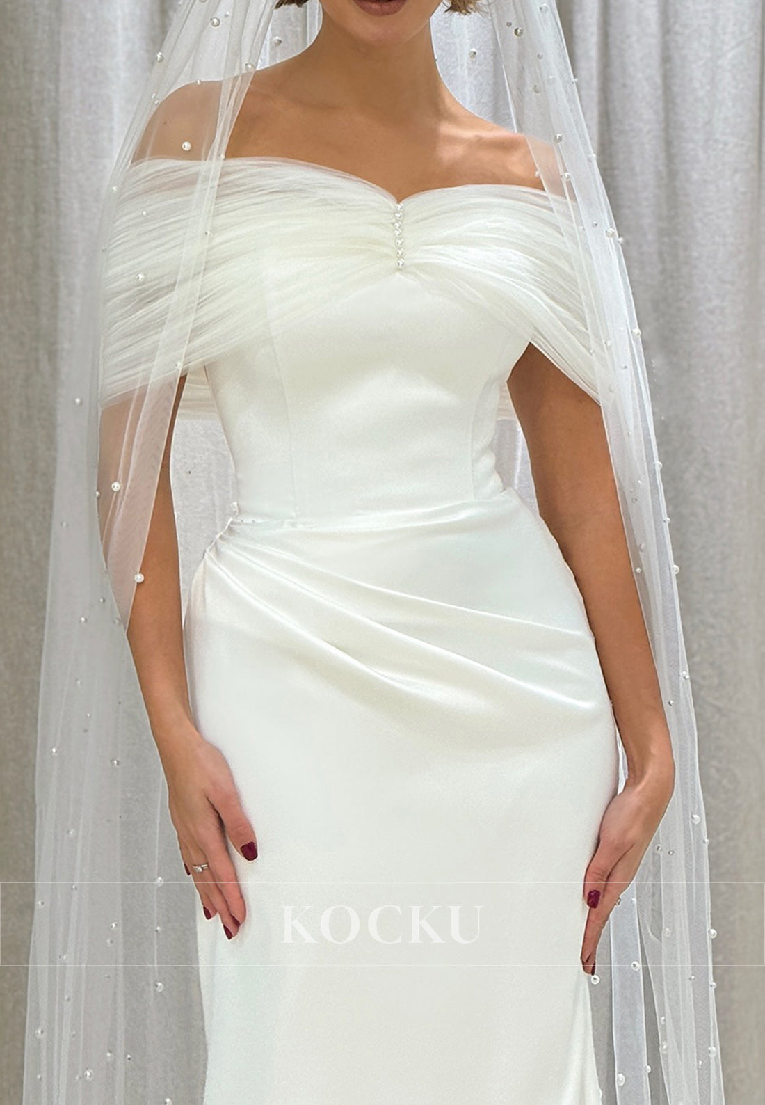 White Off-Shoulder Ruched Sheath Wedding Gown with pearls and Detachable Sleeves