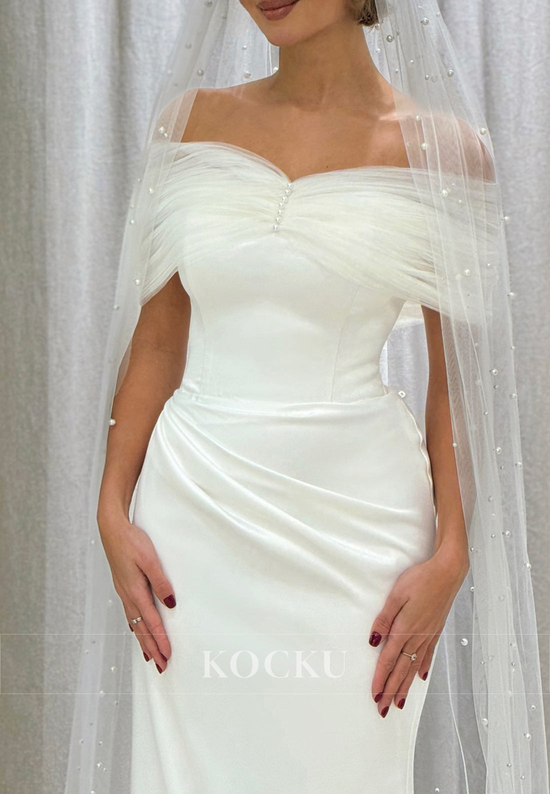 White Off-Shoulder Ruched Sheath Wedding Gown with pearls and Detachable Sleeves