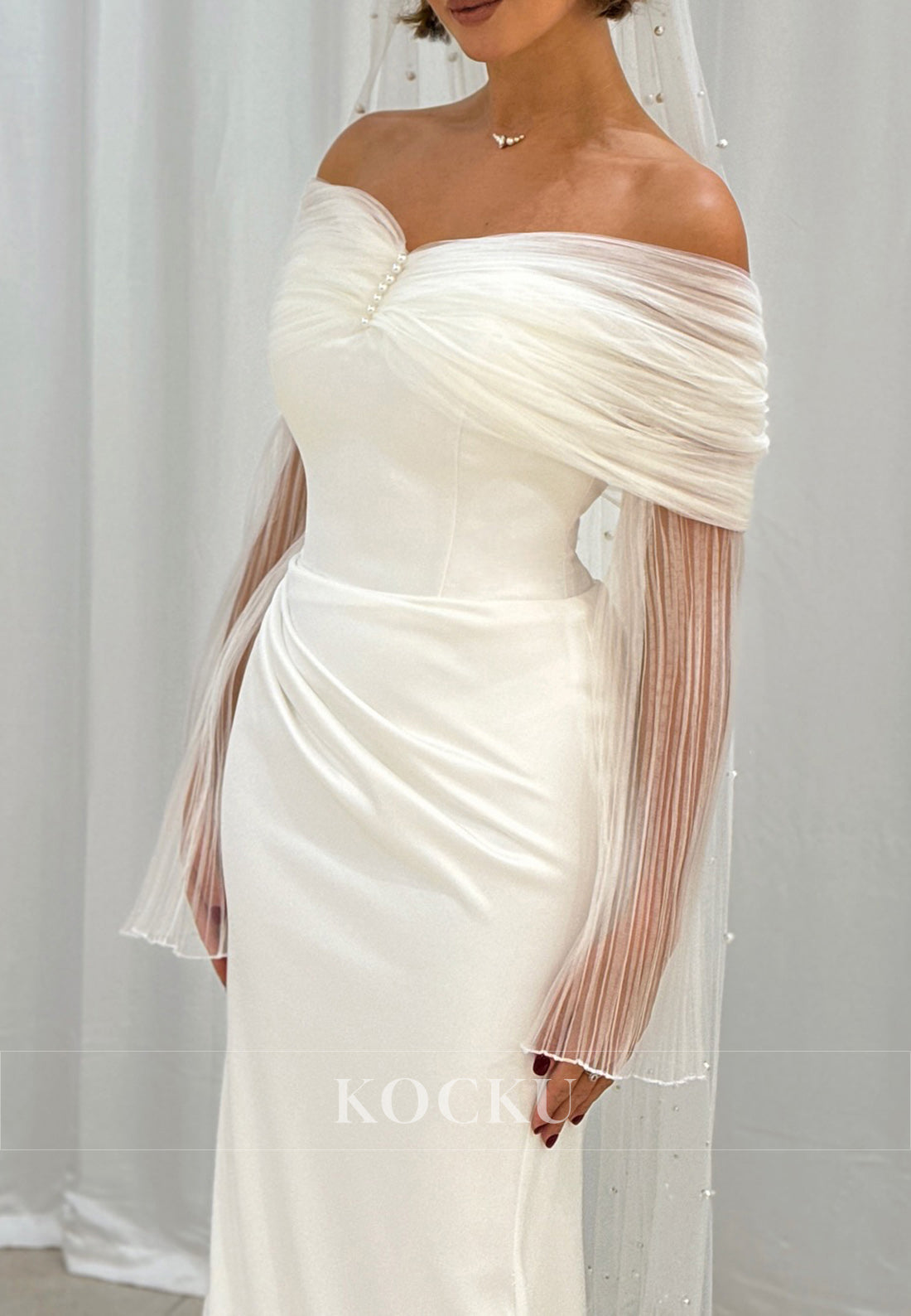 White Off-Shoulder Ruched Sheath Wedding Gown with pearls and Detachable Sleeves