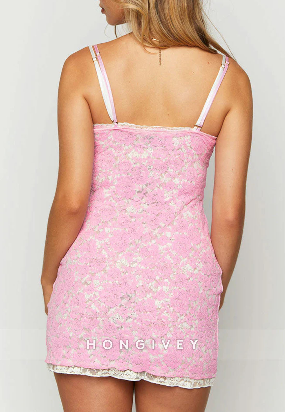 Lace Spaghetti Straps Sheath Pink And White Lace Mini Homecoming Dress