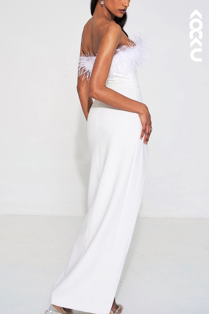 L1929 - Strapless Sleeveless Feather Ruched Satin Sheath Long Evening Dress