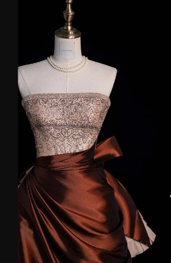 Vintage Strapless Satin Beaded A Line Evening Dress Prom Gown S194