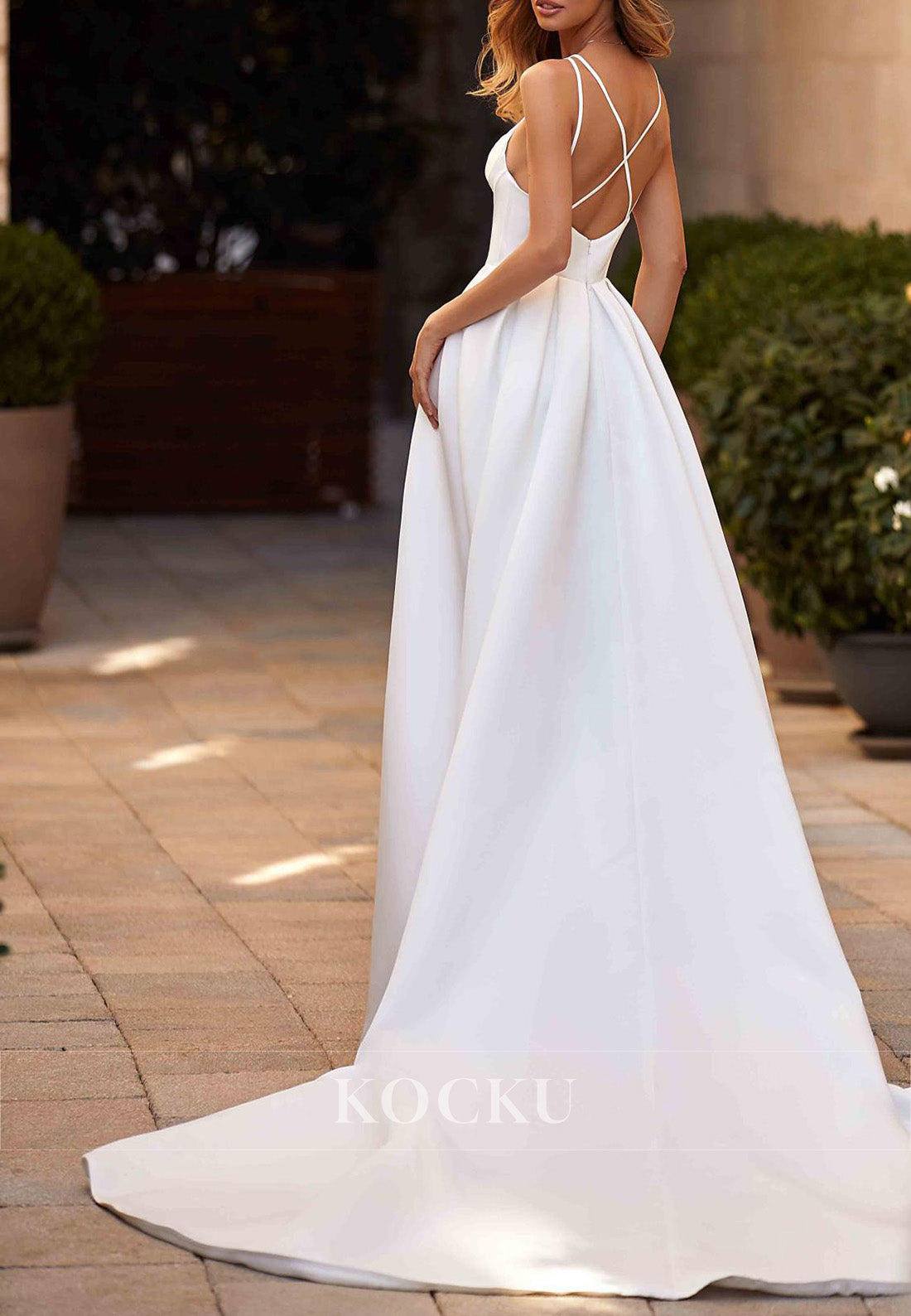 Spaghetti Strap Satin Wedding Dress with High Slit & Crisscross Back Train