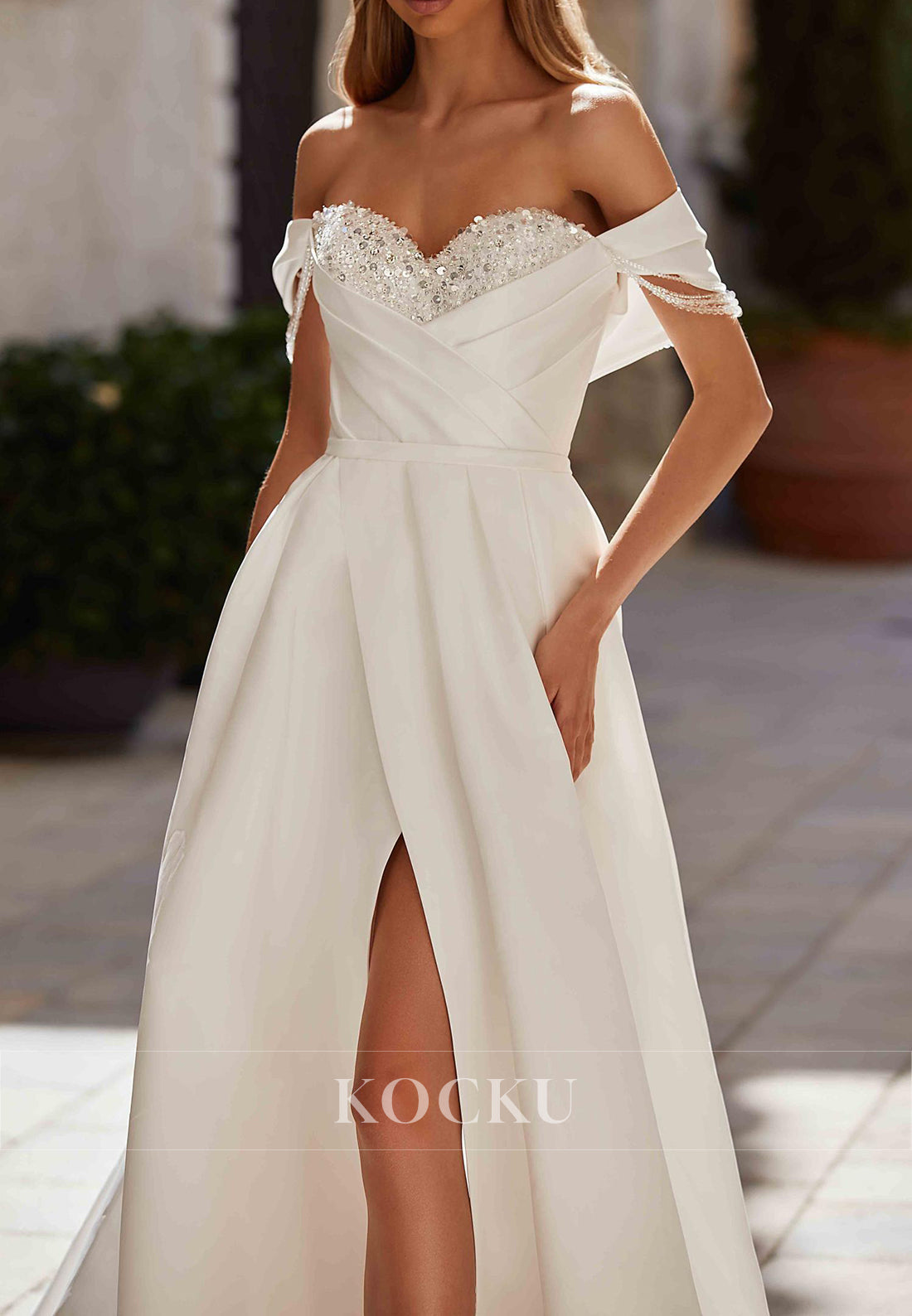 Off - Shoulder Satin Wedding Dress with Beaded Bodice, Straps and High Slit Train