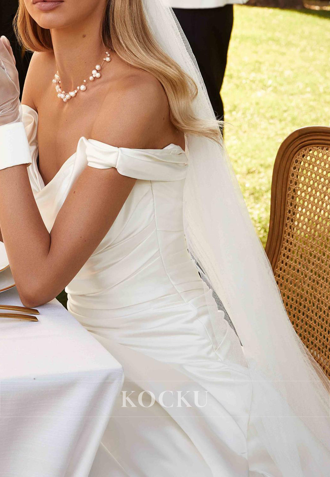 Elegant Off - Shoulder Ruched Satin Ball Gown Wedding Dress with Corset Back