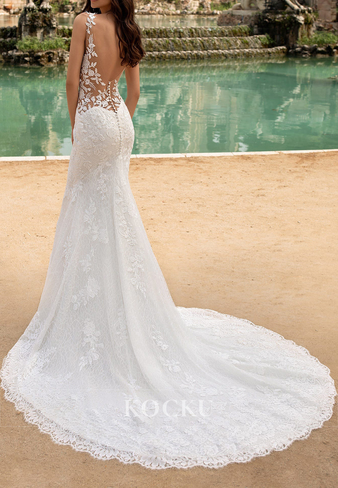 Lace Mermaid Wedding Dress with Deep V - Neck, Sheer Sides & Open Back Train