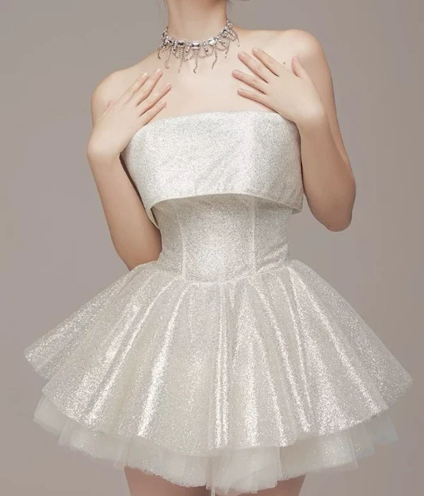 Glitter Strapless White Sequin Tulle Homecoming Dress A Line Short Cocktail Dress S411