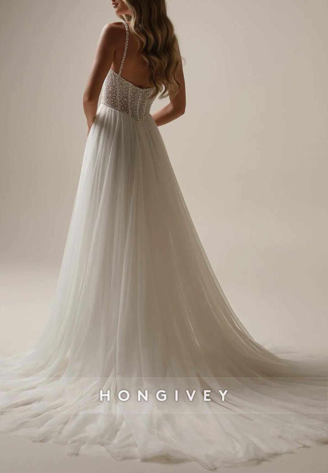 Low Back Beading Spaghetti Straps Tulle Sweetheart Chapel Train Princess Boho Wedding Dresses