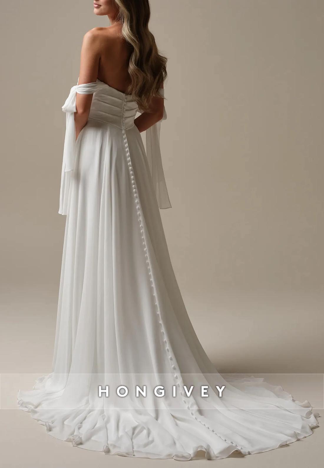 Low Back A-line Chapel Train Sweetheart Side Slit Straps Pleated Beach Wedding Dresses