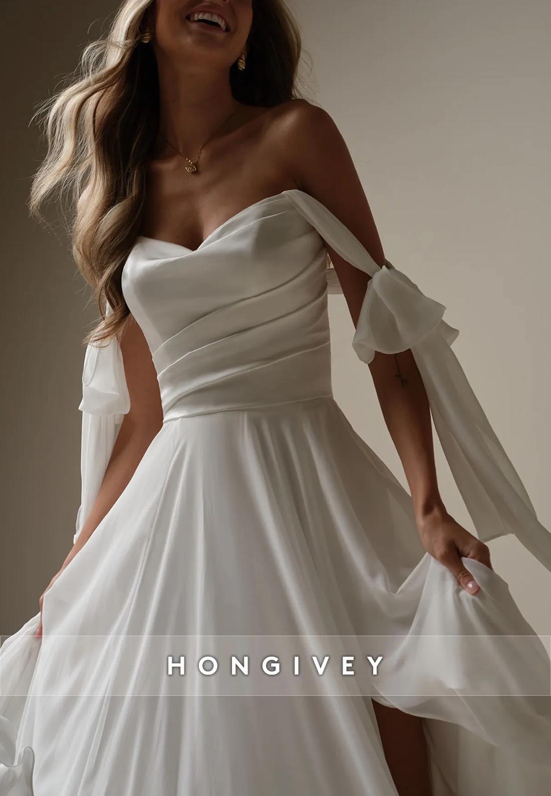 Low Back A-line Chapel Train Sweetheart Side Slit Straps Pleated Beach Wedding Dresses