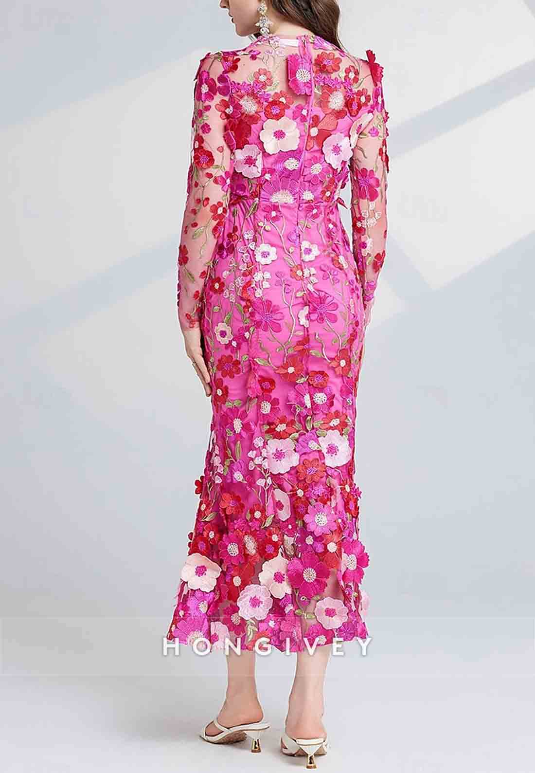 Ankle-Length Long Sleeve Flowers Tulle with Embroidery Vintage Wedding Guest Party Dresses