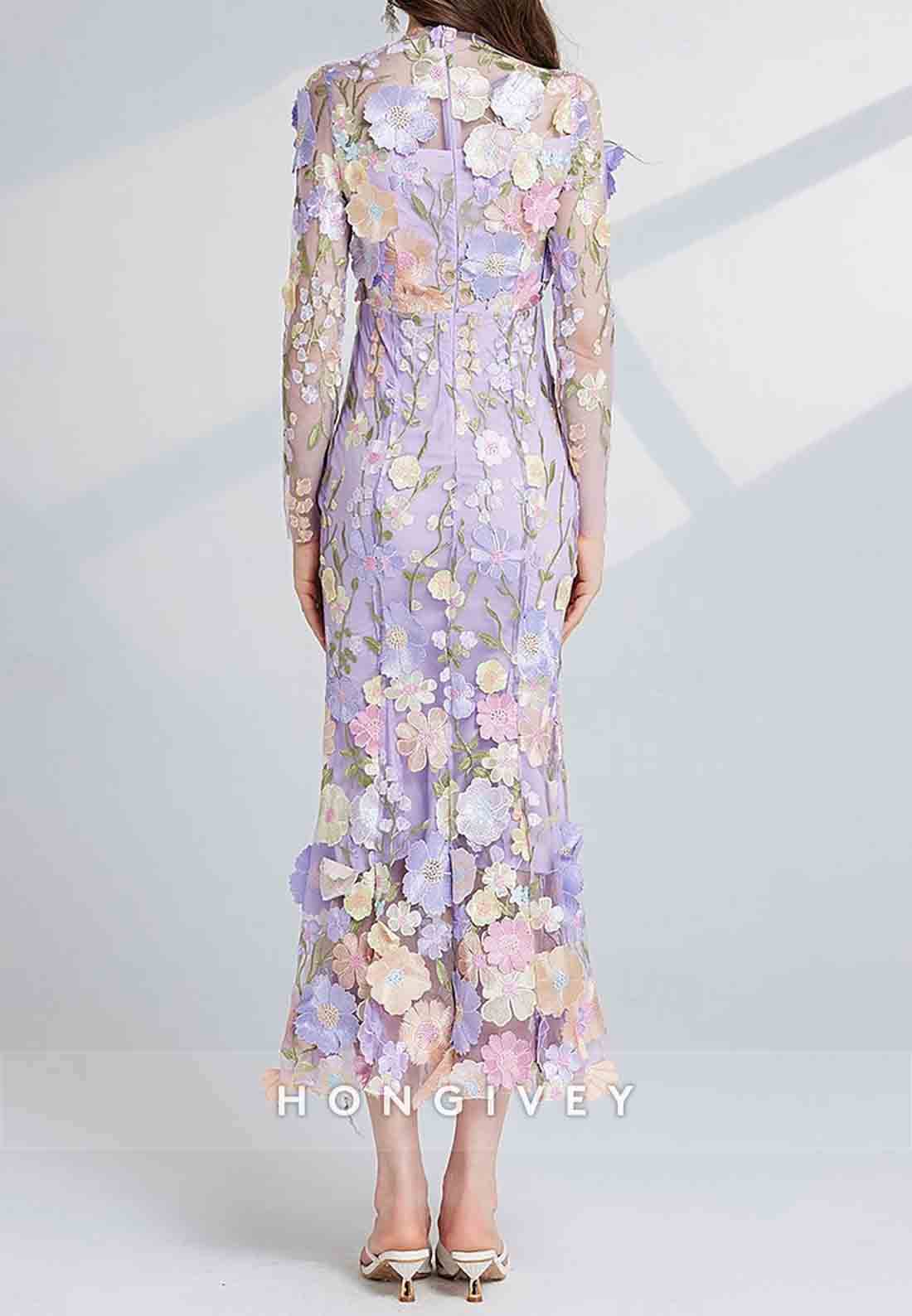 Ankle-Length Long Sleeve Flowers Tulle with Embroidery Vintage Wedding Guest Party Dresses