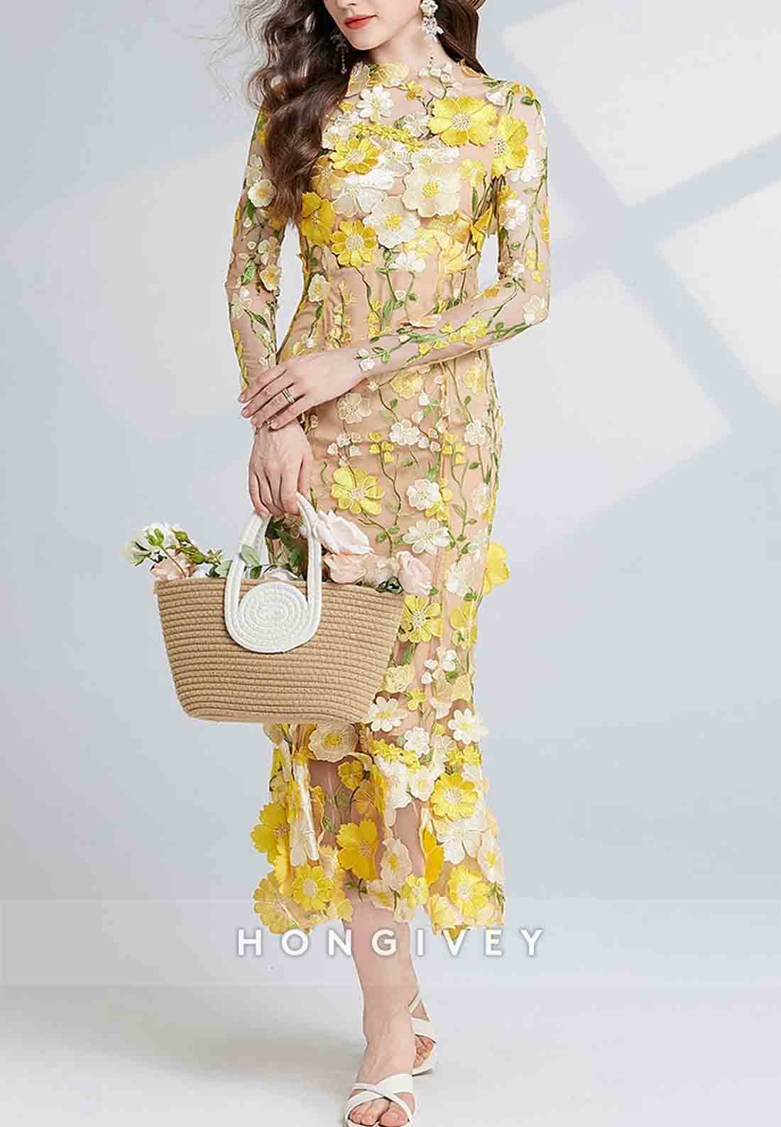 Ankle-Length Long Sleeve Flowers Tulle with Embroidery Vintage Wedding Guest Party Dresses