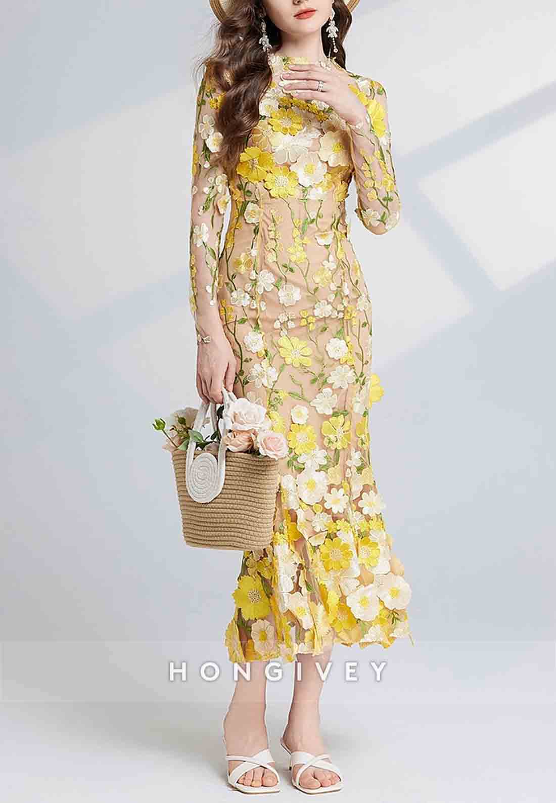 Ankle-Length Long Sleeve Flowers Tulle with Embroidery Vintage Wedding Guest Party Dresses