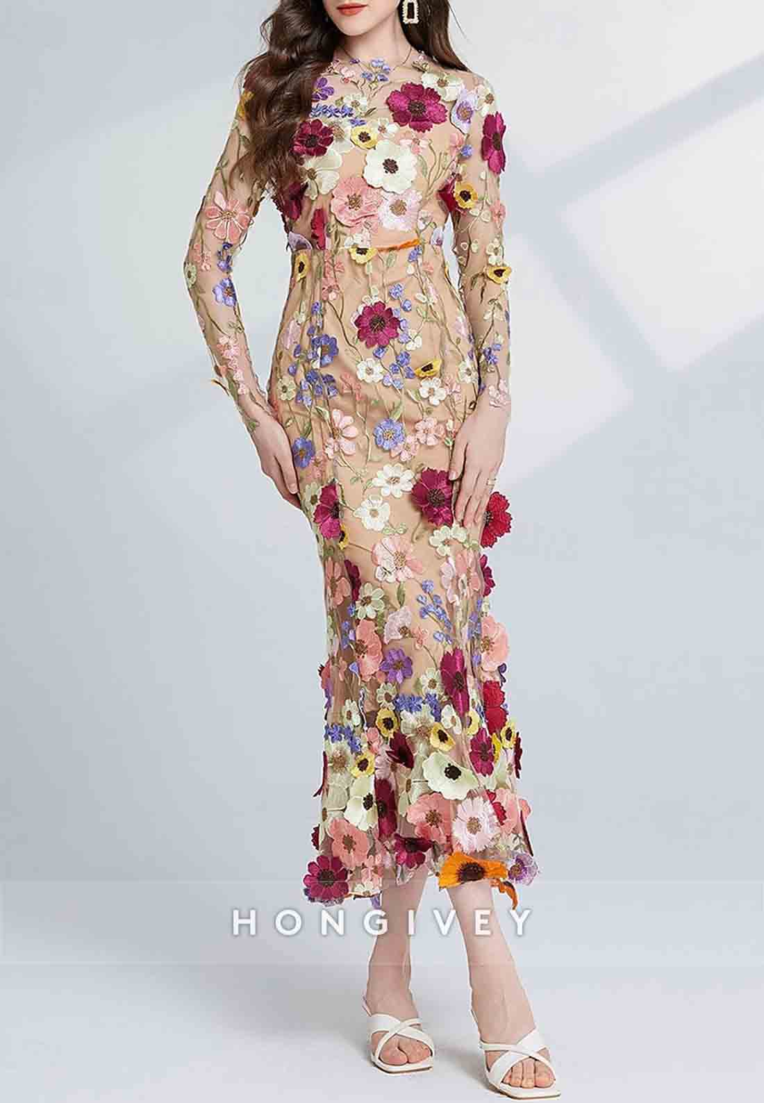 Ankle-Length Long Sleeve Flowers Tulle with Embroidery Vintage Wedding Guest Party Dresses