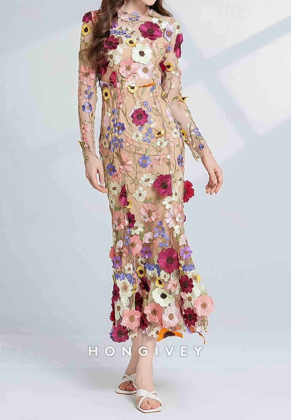 Ankle-Length Long Sleeve Flowers Tulle with Embroidery Vintage Wedding Guest Party Dresses