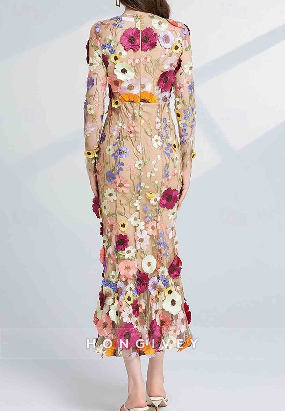 Ankle-Length Long Sleeve Flowers Tulle with Embroidery Vintage Wedding Guest Party Dresses