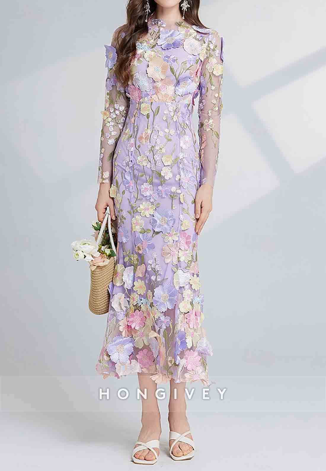 Ankle-Length Long Sleeve Flowers Tulle with Embroidery Vintage Wedding Guest Party Dresses