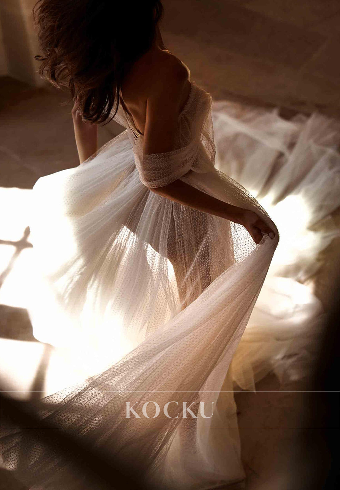 Romantic Off - Shoulder Lace-Up Dotted Tulle Wedding Dress with High Slit & Train