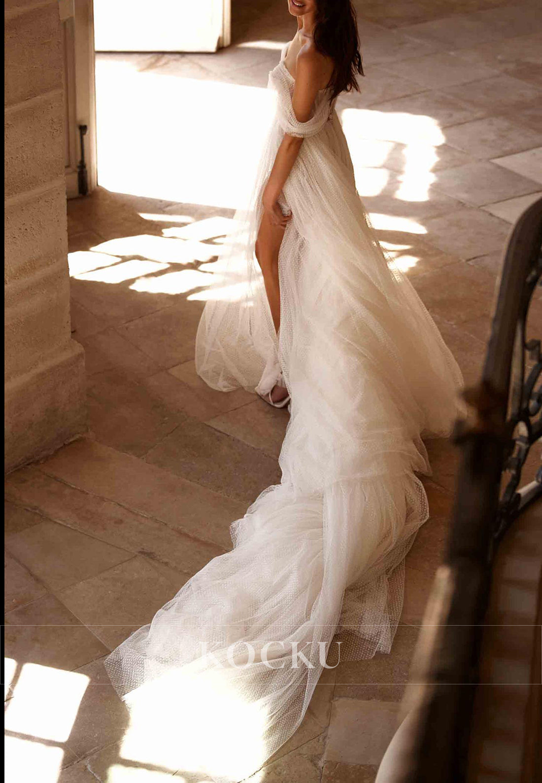 Romantic Off - Shoulder Lace-Up Dotted Tulle Wedding Dress with High Slit & Train