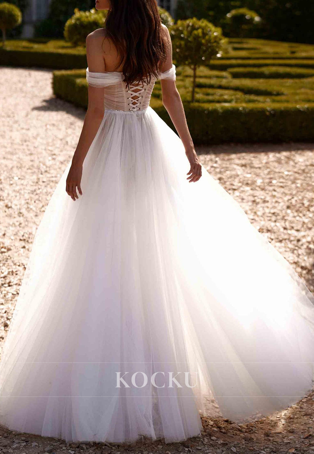 Romantic Off - Shoulder Tulle Ball Gown Wedding Dress with Corset Back